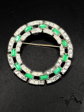 Vintage Art Deco Pot Metal and Rhinestone Brooch Green and White or Clear Wreath